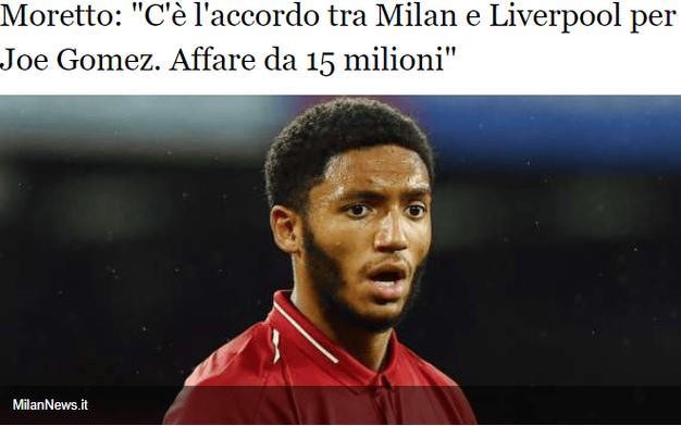 意媒：米兰希望在明年1月引进一名新后卫，乔-戈麦斯是首选目标